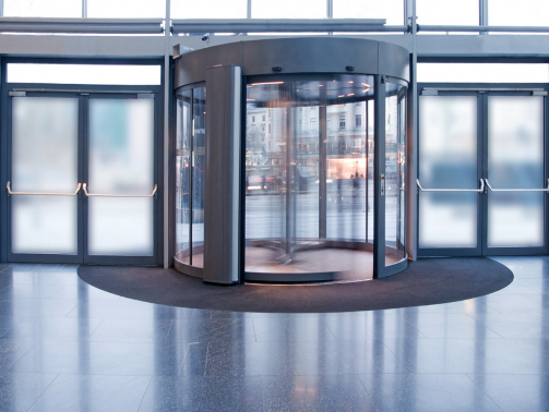 Revolving door in reception of office building